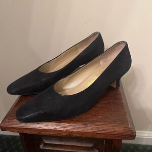 Vintage Navy Embossed Suede Salvatore Ferragamo Square Toe Kitten Heels